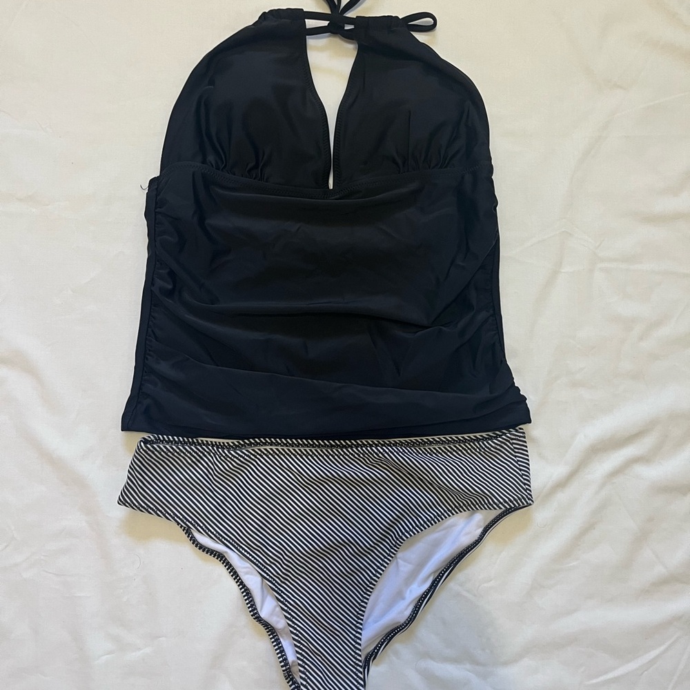 Black and White Striped Women's Halter Swimsuit